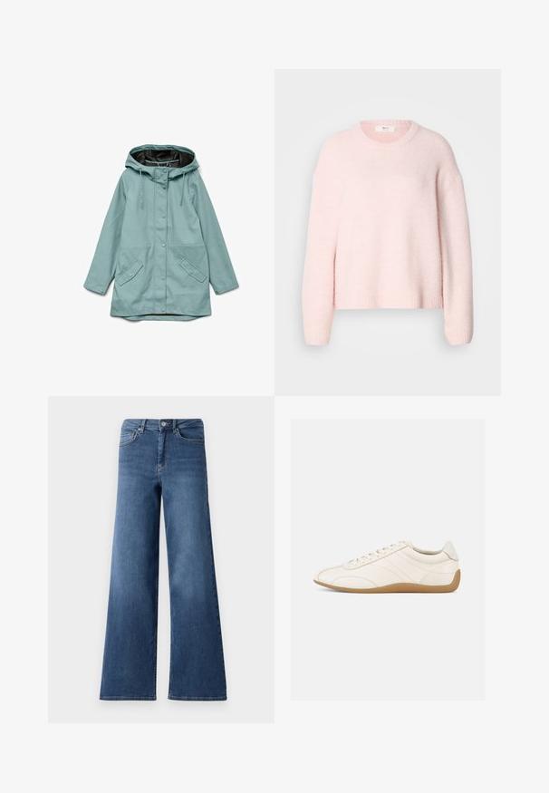 Lyseblå hættejakke med skjulte trykknapper foran, justerbare snore og to skrå klaplommer.; Lyserød strikket sweater, afslappet pasform, rund halsudskæring, ribbet kant og manchetter, blød tekstur, faldende skuldre, uden synlige lukninger eller mønstre.; Bredde ben blå denimjeans med en standard talje, forlommer og en glat tekstur. Ingen synlige mønstre eller udsmykninger.; Hvid lædersneaker med en glat tekstur, rund tå og tonale syninger. Har en tanfarvet gummisål og snørebånds-lukning.