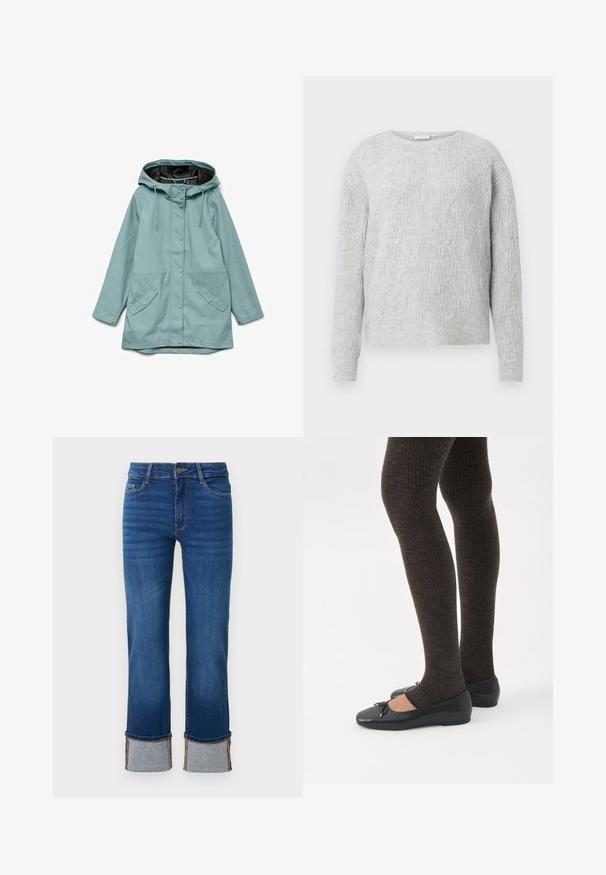 Lyseblå hættejakke med skjulte trykknapper foran, justerbare snore og to skrå klaplommer.; Lys grå sweater med kabelstrik mønster, rund halsudskæring og lange ærmer. Fremstillet af et blødt, tekstureret materiale.; Blå denimjeans med lige ben, der har opkrøllede manchetter i lys grå. Mellemhøj talje og traditionelt fem-lomme design.; Ben iført mørke ribbede leggings kombineret med sorte balletsko med små sløjfedetaljer på hvid baggrund.