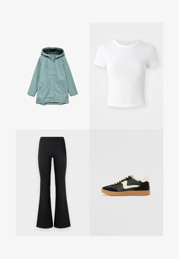 Imperméable bleu clair à capuche avec boutons-pression à l'avant, cordons ajustables et deux poches à rabat obliques.; T-shirt courte à manches courtes, blanche, avec un col rond, présentée sur un fond neutre et lumineux.; Pantalons évasés noirs en tissu lisse et extensible. Dotés d'une taille haute et de bords évasés pour un look ajusté. Design simple.; Baskets en daim et cuir noir avec un swoosh latéral crème et un talon crème clair. Dotées de lacets beige et d'une semelle en caoutchouc gomme.