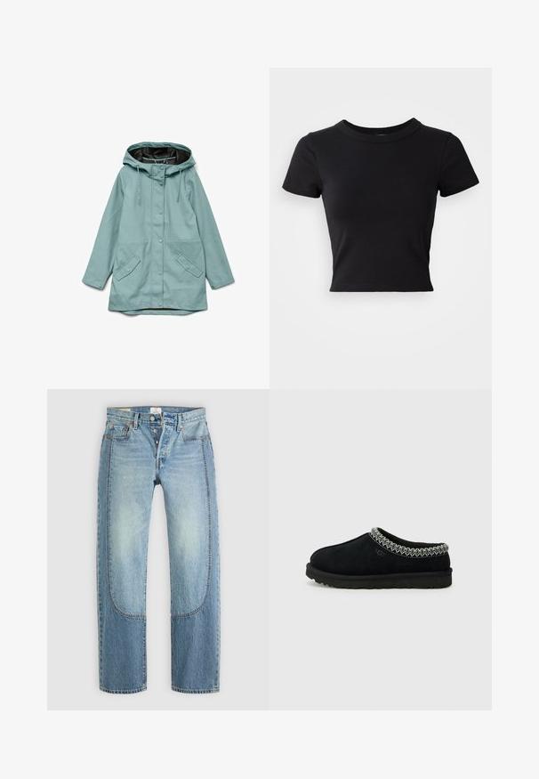 Lyseblå hættejakke med skjulte trykknapper foran, justerbare snore og to skrå klaplommer.; Sort cropped t-shirt lavet af solid bomuld, med korte ærmer og rund halsudskæring, med et glat og enkelt design.; Lyseblå denimjeans med en lige, løs pasform, der har kontrasterende paneldetaljer og en fem-lommer design. Knap-lukning.; Sorte ruskinds slip-on klipklapper har en struktureret vævet accent langs kraven og en sort gummisål med et mønstret dæk.