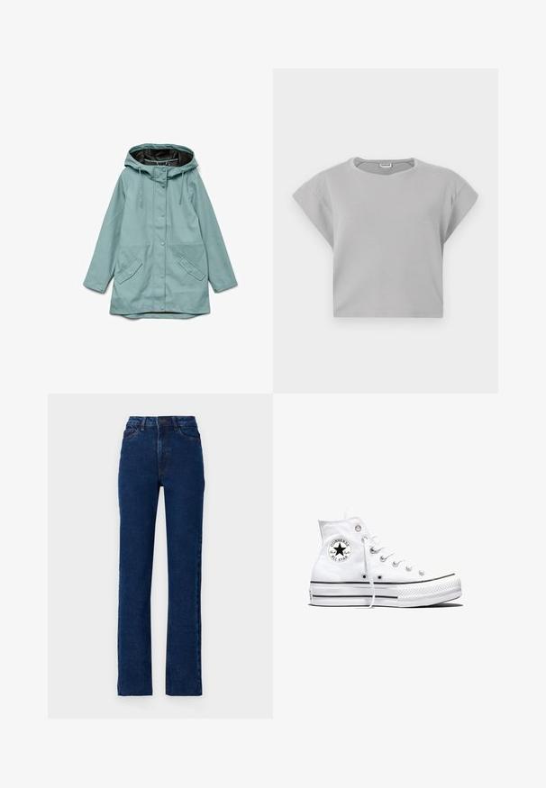 Lyseblå hættejakke med skjulte trykknapper foran, justerbare snore og to skrå klaplommer.; Lys grå cropped sweatshirt med korte, rullede ærmer, rund halslinje og subtile sømdetaljer. Fremstillet af blødt, åndbart stof.; Høj talje mørkeblå denim jeans med lige ben, fem lommer og kontrasterende syninger langs sømmene.; Hvid højtop Converse Chuck Taylor All Star-sneaker med sort logo-patch og hvide snørebånd, vist på hvid baggrund.