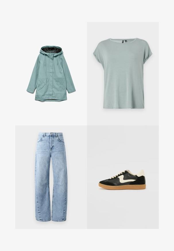 Lyseblå hættejakke med skjulte trykknapper foran, justerbare snore og to skrå klaplommer.; Lys grøn T-shirt med en afslappet pasform, korte omviklede ærmer og rund halsudskæring. Blød, glat tekstur med et let løst design.; Lysblå brede jeans lavet af denim, med høj talje, fem lommer og diskret slid. Benene har synlige syninger og sømme.; Sorte ruskinds- og lædersneakers med en cremefarvet side-swoosh og lys cremefarvet hæl. Har beige snørebånd og en gummirubber-sål.