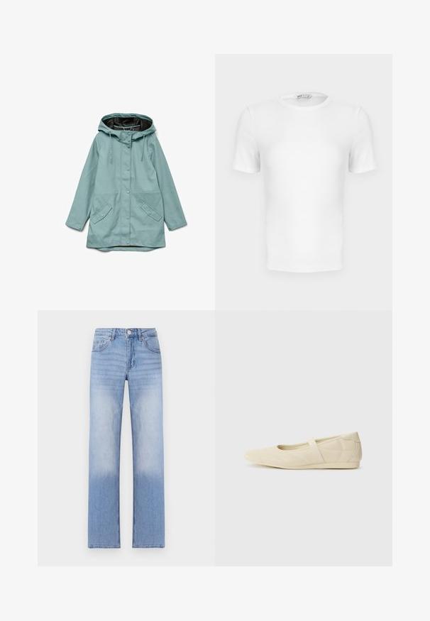Lichtblauwe regencape met capuchon, voorste drukknopen, verstelbare trekkoorden en twee schuine klepzakken.; Witte korte mouwen geribde T-shirt met een ronde hals, een aangesloten pasvorm en een klein merklabel aan de binnenkant van de kraag.; Lichtblauwe denim jeans met een rechte pijpdesign, kenmerkend door een vervaagde was aan de onderste helft en klassieke vijf-pocketstyling.; Beige ballerina's met een gladde leren buitenkant, amandelvormige punt en elastische band over de wreef, met subtiele stiksels.