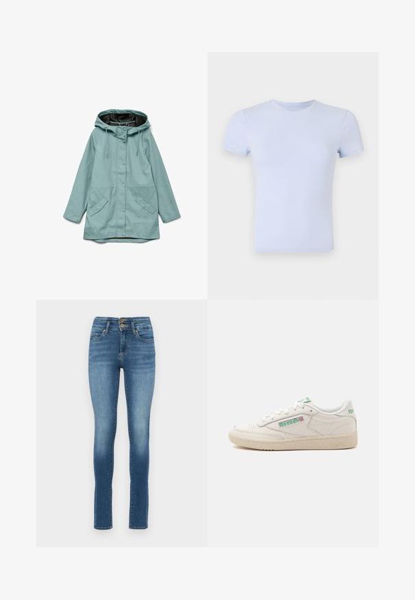 Imperméable bleu clair à capuche avec boutons-pression à l'avant, cordons ajustables et deux poches à rabat obliques.; Good American SUPER STRETCH BABY TEE - T-shirt basique - periwinkle; Jean skinny en denim bleu à taille haute, avec deux boutons sur le devant, un léger délavage et des poches classiques. Texture lisse, jambes droites.; Baskets basses blanches Reebok avec logo vert, lacets et semelle beige, vues de l'intérieur sur un fond uni.