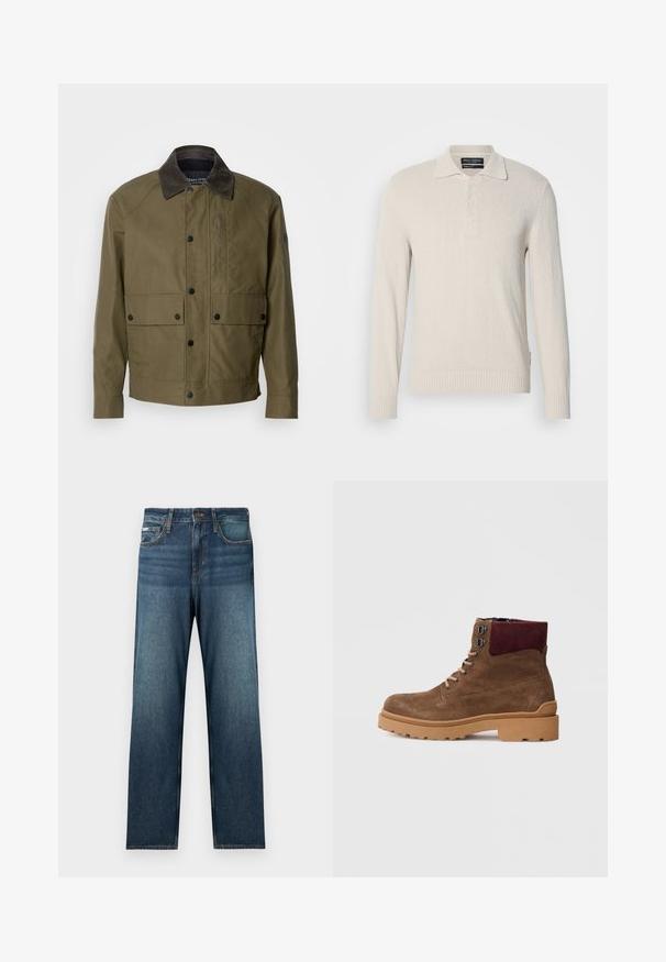 Olivegrüne Jacke aus strukturiertem Stoff, mit einem braunen Cordkragen, Druckknöpfen, zwei Fronttaschen und einer Reißverschlusstasche auf der Brust.; Hellbeige Langarm-Polo-Pullover aus weichem Strick mit strukturiertem Finish, ausgestattet mit einem klassischen Kragen und einer Drei-Knopf-Leiste.; Dunkelblaue Jeans mit geradem Schnitt, Fünf-Taschen-Design und dezenten Verwaschungseffekten. Hergestellt aus Denim-Stoff mit klassischen Nahtdetails.; Braune Wildleder-Stiefelette mit kräppliger Farbe, runder Spitze und einer strukturierten Gummisohle. Verfügt über Metallösen und Schnürsenkel zum Verschließen.