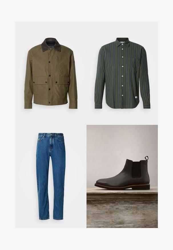 Olivegrüne Jacke aus strukturiertem Stoff, mit einem braunen Cordkragen, Druckknöpfen, zwei Fronttaschen und einer Reißverschlusstasche auf der Brust.; Grünes Langarmshirt mit vertikalen Streifen in Marineblau und Weiß. Verfügt über eine durchgehende Knopfleiste, einen Kragen und eine einzelne Brusttasche.; Blaue gerade geschnittene Jeans aus Denim mit fünf Taschen und vorderem Knopfverschluss vor einem weißen Hintergrund.; Schwarze Leder Chelsea-Stiefel mit elastischen Seiteneinsätzen und runder Zehenform, ausgestattet mit einer strukturierten Sohle und subtilen Steppnähten, erhöht über einer Holzoberfläche.