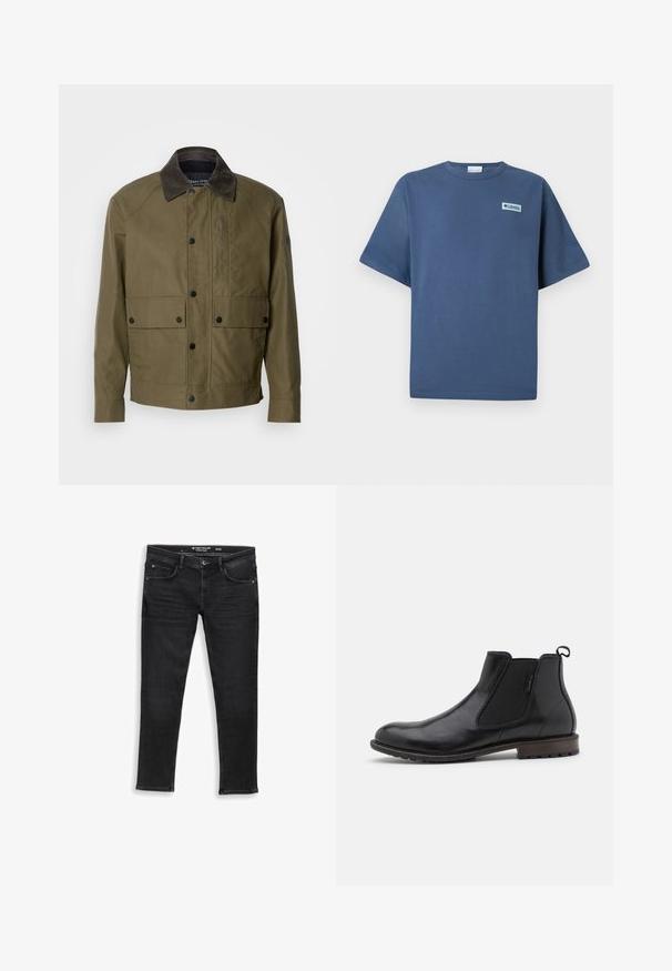 Olivegrüne Jacke aus strukturiertem Stoff, mit einem braunen Cordkragen, Druckknöpfen, zwei Fronttaschen und einer Reißverschlusstasche auf der Brust.; Blaues T-Shirt mit kurzen Ärmeln und Rundhalsausschnitt sowie kleinem rechteckigem Columbia Sportswear-Logo auf der linken Brust.; Schwarze Jeans aus Denim mit normaler Passform, ausgestattet mit einem Reißverschluss, Knopfverschluss und fünf Taschen. Glatte Textur und klassisches Design.; Schwarze Leder Chelsea-Stiefel mit elastischen Seitenpaneelen, einer Zuglasche und einer Gummisohle. Merkmale sind eine genähte Naht und eine glatte Oberfläche.