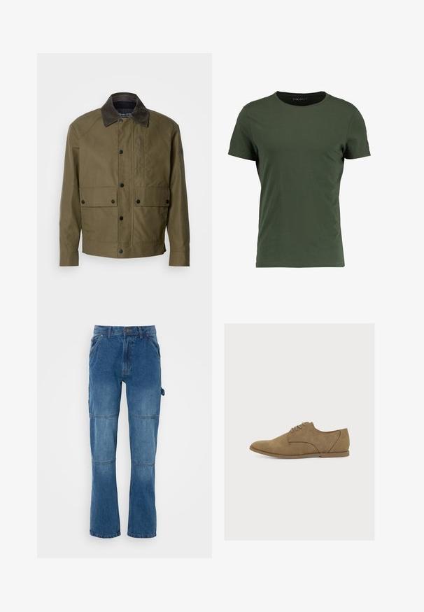 Olivegrüne Jacke aus strukturiertem Stoff, mit einem braunen Cordkragen, Druckknöpfen, zwei Fronttaschen und einer Reißverschlusstasche auf der Brust.; Dunkelgrünes Baumwoll-T-Shirt mit klassischem Rundhalsausschnitt, kurzen Ärmeln und einer glatten Textur. Einfaches, ungeschmücktes Design.; Blaue Jeans mit geradem Beinansatz, die über eine Nahtverarbeitung und einen Knopfverschluss verfügen. Der Stoff zeigt eine ausgewaschene Optik mit einer glatten Textur.; Brauner Wildleder-Schnür-Oxfordschuh mit flacher Sohle und abgerundetem Zehenbereich, von der Seite auf hellem, einfarbigem Hintergrund gezeigt.