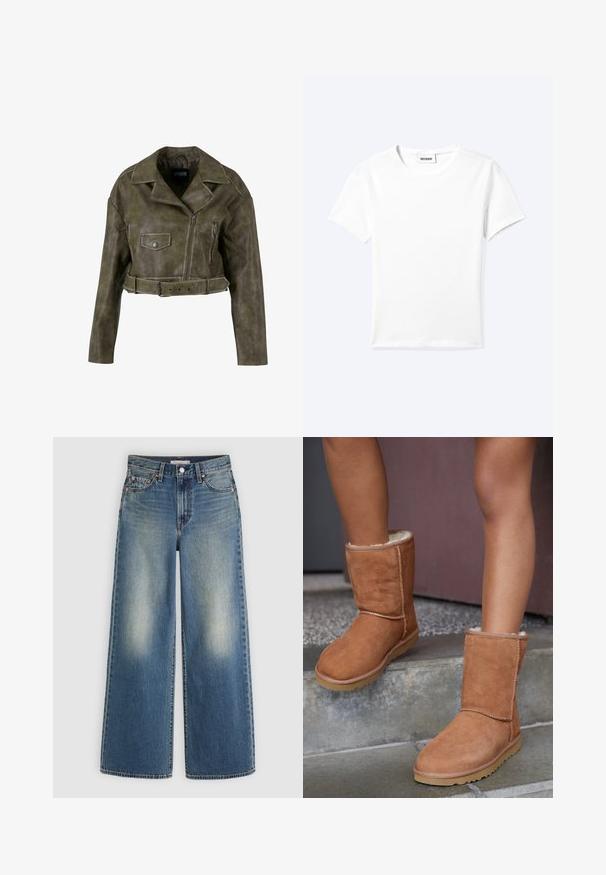 Chaqueta de cuero sintético verde olivo recortada con un amplio solapa, cierre frontal, dos bolsillos y un detalle de cinturón en la cintura.; Camiseta blanca lisa de manga corta con cuello redondo y una pequeña etiqueta "WEEKDAY" dentro del cuello, mostrada extendida sobre un fondo claro.; Vaqueros azules de pierna ancha con parches desgastados en los muslos, cierre de botones, trabillas para cinturón y bolsillos delanteros sobre un fondo claro y liso.; Botas de tobillo de ante marrón con punta redonda, forro suave y suela de goma, con detalles de costura visibles a lo largo de las costuras.