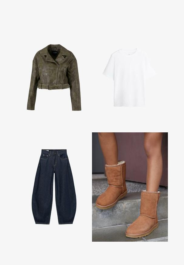 Geknipte olijf groene faux leren jas met een brede revers, een ritssluiting aan de voorkant, twee zakken en een riemdetail bij de taille.; Effen wit T-shirt met korte mouwen en een ronde hals, met een losse pasvorm, getoond tegen een witte achtergrond.; Donkerblauwe denim jeans met wijde pijpen, voorzakken, riemlussen en een knoopsluiting in de taille.; Bruine suède enkellaarsjes met een ronde neus, zachte voering en een rubberen zool, met zichtbaar stiksel langs de naden.