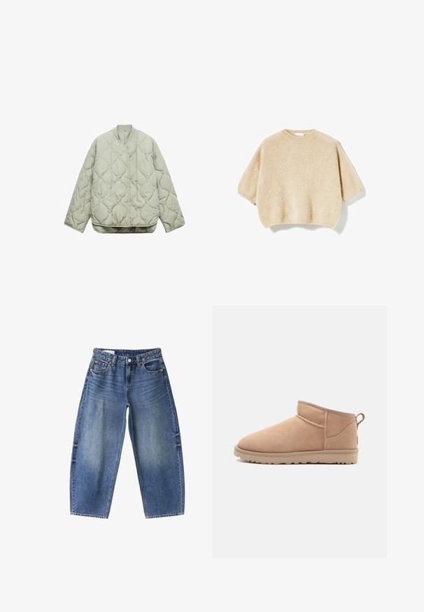Lys grøn quiltet jakke med rund halsudskæring, frontlukning, oversized pasform og diamantformede mønstre på stoffet.; Beige, kortærmet, strikket sweater med rund halsudskæring og ribstrikkede ærmekanter og kant, vist på en hvid baggrund.; Blå denimjeans med løs pasform, frontknap og lynlås, lommer foran og bagpå samt falmet vaskedetalje.; Brune ruskindsankelstøvle med en rund tå, blød tekstur, enkelt design og en lavprofil gummisål. Har en trækrem bagpå.