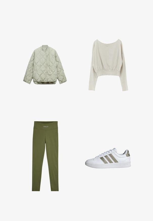 Lys grøn quiltet jakke med rund halsudskæring, frontlukning, oversized pasform og diamantformede mønstre på stoffet.; Langærmet beige cropped top med bred bådudskæring og rynket elastisk talje, ensfarvet og enkel stof.; Olivengrønne leggings lavet af blødt, elastisk materiale. Har en bred taljebånd med "HALO"-logo og sidelomme. Glat tekstur og tætsiddende design.; Hvid atletiksneaker med tre metalliske gyldne striber, glat læderoverdel, rund tå og flad gummisål. Mærkning på hælen.