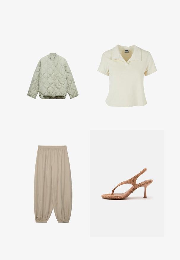 Lys grøn quiltet jakke med rund halsudskæring, frontlukning, oversized pasform og diamantformede mønstre på stoffet.; Cremefarvet kortærmet polo shirt med krave. Lavet af blødt, struktureret stof; har en afslappet pasform og minimalistisk design.; Beige løstsiddende bukser med elastisk linning og elastiske manchetter, designet til afslappet brug.; Brun vævet slingback sandal med tynd høj hæl og tåstrop, isoleret på lys grå baggrund.