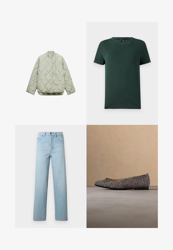 Lys grøn quiltet jakke med rund halsudskæring, frontlukning, oversized pasform og diamantformede mønstre på stoffet.; Mørkegrøn kortærmet t-shirt med rund hals, lavet af et blødt, glat stof. Har optrukne ærmer og en afslappet pasform.; Lyseblå straight-fit denimjeans med knaplukning foran, lynlås, bæltestropper og fem-lomme design på hvid baggrund.; Balletsko med leopardmønster, rund tå og en lille sløjfe på oversiden. Blødt stofoverdel og sort gummisål.