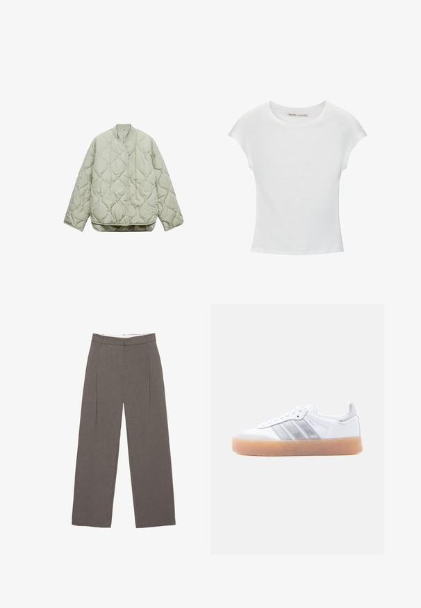 Lichtgroene gewatteerde jas met een ronde halslijn, sluiting aan de voorkant, oversized pasvorm en ruitvormige patronen op de stof.; Witte katoenen T-shirt met korte, opgerolde mouwen, een ronde halslijn en een rechte zoom. Gladde textuur zonder zichtbare patronen of accenten.; Bruine, wijde, op maat gemaakte broek met steekzakken en riemlussen, ontworpen voor formele of zakelijke kleding.; Witte lage sneaker met gumzool, zilverkleurige gestreepte zijkanten en veterluiting, afgebeeld tegen een effen lichte achtergrond.