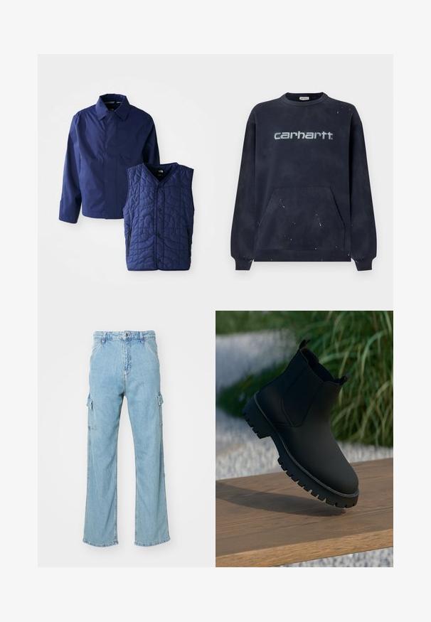 Mørkeblå herrejakke med krave og lange ærmer ved siden af en quilted mørkeblå ærmeløs vest med forhåndsnaps og lynlåslommer.; Mørkeblå sweatshirt med en frontlomme, ribbede manchetter og en falmet hvid logo; stoffet har et plettet mønster.; Lysblå denim cargo bukser med brede ben, der har to sidelommer og en klassisk knaplukning. Struktureret stof med en worn finish.; Sort ankelstøvle med en glat overflade, elastiske sidepaneler og en tyk, robust sål. Sat mod en naturlig baggrund på en træoverflade.