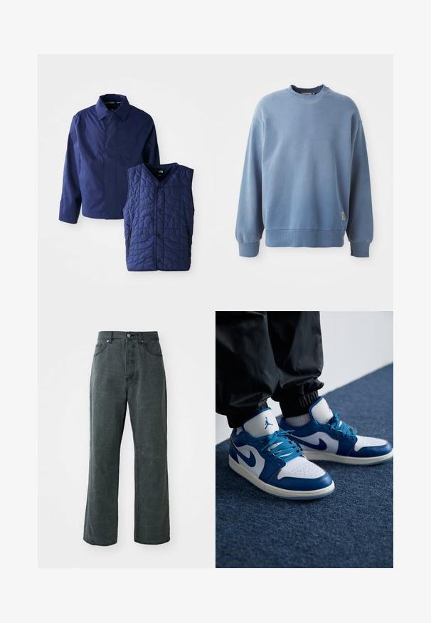 Chaqueta de hombre azul marino con cuello y mangas largas, junto a un chaleco sin mangas azul marino acolchado con botones frontales y bolsillos con cremallera.; Sudadera de color azul claro hecha de tejido suave, con cuello redondo, mangas largas, puños y dobladillo acanalados, y una pequeña etiqueta de logo cerca de la parte inferior.; Vaqueros de patas anchas en gris oscuro, hechos de denim, con una cintura alta, diseño de cinco bolsillos y una sutil textura desgastada.; Las zapatillas Nike Air Jordan cuentan con una base de cuero blanco con acentos sintéticos azules, una caja de dedos perforada y cordones azules.