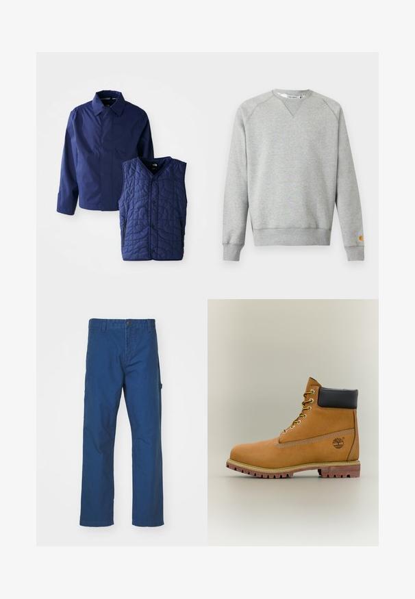 Mørkeblå herrejakke med krave og lange ærmer ved siden af en quilted mørkeblå ærmeløs vest med forhåndsnaps og lynlåslommer.; Lysegrå crewneck sweatshir t med lange ærmer, ribbede manchetter og kant, samt lille logo patch på venstre ærmekant.; Blå bomuldstwill bukser med lige ben-design, der har en knaplukning og sidelommer. Glat tekstur, ingen synlige mønstre eller accenter.; Brun læderankelstøvle med sort krave, gule snørebånd og tanfarvet sål. Har logo og hvide syninger som detalje. Robust ydersål med greb.