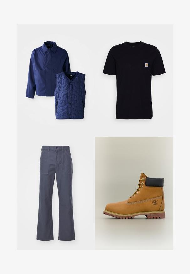 Mørkeblå herrejakke med krave og lange ærmer ved siden af en quilted mørkeblå ærmeløs vest med forhåndsnaps og lynlåslommer.; Sort bomulds T-shirt med korte ærmer, rund hals og en brystlomme, der har et lille, kvadratisk logo-patch. Enkel, ensfarvet design.; Mørkegrå, vide bukser lavet af bomuld. Med to forlommer og knaplukning. Glat tekstur med et afslappet design.; Brun læderankelstøvle med sort krave, gule snørebånd og tanfarvet sål. Har logo og hvide syninger som detalje. Robust ydersål med greb.