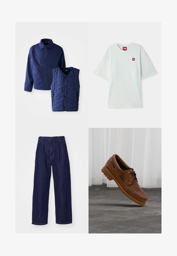 Mørkeblå herrejakke med krave og lange ærmer ved siden af en quilted mørkeblå ærmeløs vest med forhåndsnaps og lynlåslommer.; Lysegrøn kortærmet t-shirt lavet af blød bomuld, med et lille rødt logo på venstre brystområde. Løs pasform og rund halsudskæring.; Mørkeblå denimjeans, vid benstil, højt liv, med knappelukning og klassisk fem-lomme design. Glat tekstur, diskret syning.; Brun læder bådsko med sorte snørebånd, beige syninger og en robust sål, hængende over en grå betongulv.