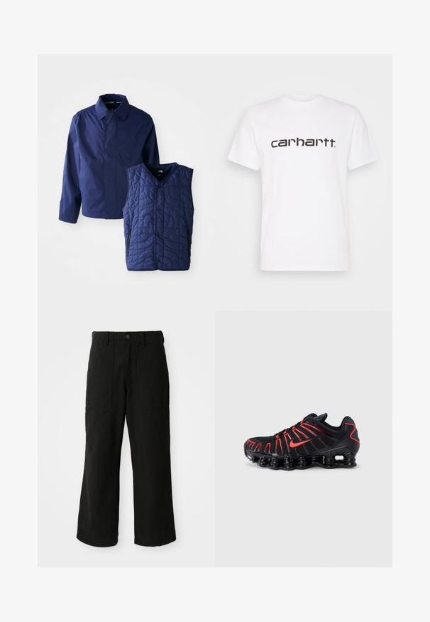 Mørkeblå herrejakke med krave og lange ærmer ved siden af en quilted mørkeblå ærmeløs vest med forhåndsnaps og lynlåslommer.; Hvid bomulds t-shirt med korte ærmer og rund halsudskæring. Har et stort "carhartt" logo i mørkebrun på tværs af brystet.; Sorte vide benbukser lavet af blødt stof, med frontlommer og en knaplukning i taljen. Minimalistisk design uden synlige mønstre.; Sorte atletiksko med røde detaljer, der har en struktureret mesh-overdel, et unikt bølget design og en formstøbt polstret sål.