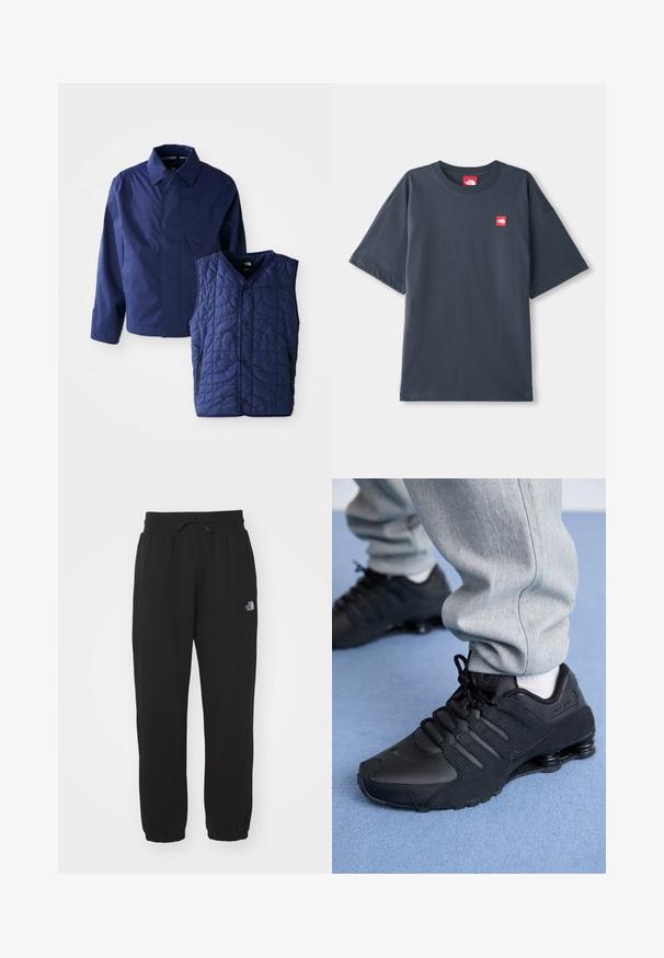 Mørkeblå herrejakke med krave og lange ærmer ved siden af en quilted mørkeblå ærmeløs vest med forhåndsnaps og lynlåslommer.; Mørk navy blå kortærmet T-shirt lavet af bomuld, med en rød logo-patch på venstre bryst og en klassisk rund halsudskæring.; Sorte sweatpants lavet af blødt stof, med en elastisk talje med snor, manchetter ved anklerne og et lille logo på det øverste lår.; Person iført sorte Nike Shox sneakers og grå joggingbukser, der står på lyseblåt tæppe.