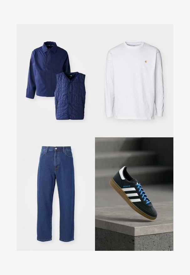 Mørkeblå herrejakke med krave og lange ærmer ved siden af en quilted mørkeblå ærmeløs vest med forhåndsnaps og lynlåslommer.; Hvid langærmet t-shirt lavet af bomuld. Har et lille gyldent logo på brystet og en rund halsudskæring. Enkel design og standard pasform.; Høj taljede blå jeans i denim, med lige ben silhuet, synlige stikninger og en frontknaplukning.; Sort Adidas sneaker med hvide striber, blå snørebånd og gummisål, der svæver over gråt betontrin i blødt lys.