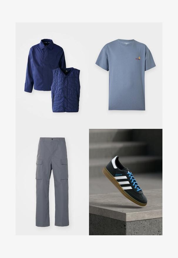 Marineblaue Herrenjacke mit Kragen und langen Ärmeln, neben einer gesteppte marineblauen ärmellosen Weste mit Druckknöpfen vorne und Reißverschlusstaschen.; Solides kurzärmeliges T-Shirt in Schieferblau mit kleinem roten und gelbem Carhartt-Logo auf der linken Brust.; Grau Cargo-Hosen aus strapazierfähigem Stoff. Zu den Merkmalen gehören ein elastischer Bund, zwei große Seitentaschen und ein gerader Schnitt.; Schwarzer Adidas-Sneaker mit weißen Streifen, blauen Schnürsenkeln und Gummisohle, der über einer grauen Betontreppe im weichen Licht schwebt.