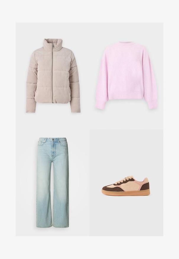 Doudoune en corduroy beige clair, avec un col haut, une fermeture éclair à l'avant et un design matelassé à rayures horizontales.; Pull rose pâle à manches longues avec col rond, poignets et ourlet côtelés, présenté sur un fond blanc uni.; Jean large en denim bleu clair avec un effet délavé, design à cinq poches et fermeture par bouton en métal à la taille. Coupe droite et épurée.; Baskets décontractées avec panneaux en daim beige clair, rose pâle et marron foncé, fermeture à lacets et semelle en caoutchouc gomme sur fond uni.