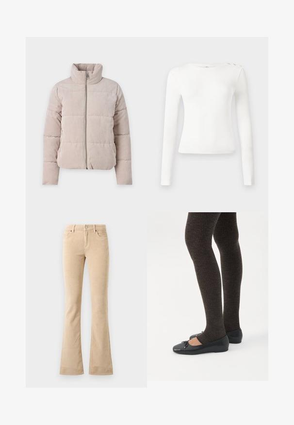 Doudoune en corduroy beige clair, avec un col haut, une fermeture éclair à l'avant et un design matelassé à rayures horizontales.; Haut à manches longues blanc avec texture côtelée, encolure ronde et trois boutons décoratifs sur l'épaule gauche. Tissu lisse, forme ajustée.; Pantalons en velours côtelé beige évasés avec une finition texturée, deux poches avant, une fermeture éclair et un bouton en métal argenté.; Jambes portant des leggings côtelés foncés associés à des ballerines noires avec de petits détails en nœud sur fond blanc.