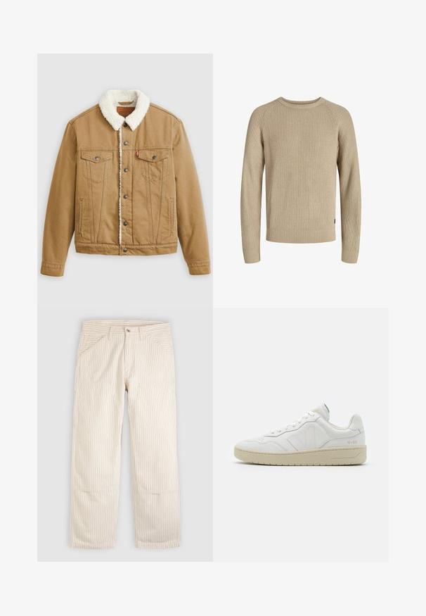 Tan denimjacket met een witte sherpa-kraag, twee borstzakken, zijzakken en metalen knopen. Heeft verticale stikseldetails.; Beige geribbelde gebreide trui met lange mouwen, ronde hals en een rechte pasvorm. Bevat een subtiele logo-tag aan de onderzijde.; Beige gestreepte broek van katoen met een rechte pasvorm. Voorzien van steekzakken aan de voorkant en een knoopsluiting. Verticale lijnen patroon op de stof.; Witte leren sneakers met een gestructureerde afwerking en een gevoerde kraag. Voorzien van een beige rubberen zool en subtiele branding op de hiel en zijkant.