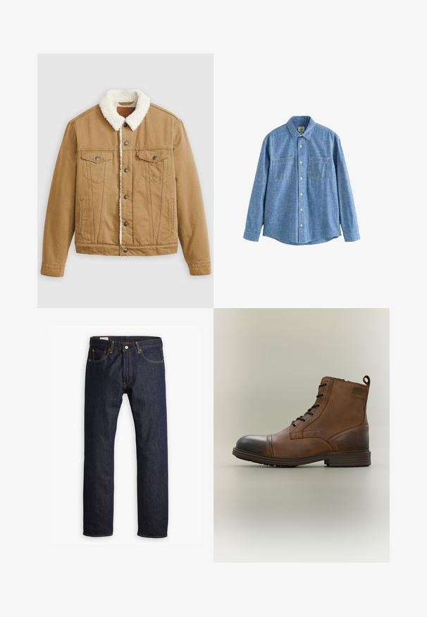 Tan denimjacket met een witte sherpa-kraag, twee borstzakken, zijzakken en metalen knopen. Heeft verticale stikseldetails.; Blauw chambray overhemd met lange mouwen, knoopsluiting aan de voorkant en twee borstzakken, plat gelegd op een witte achtergrond.; Donkerblauwe denim jeans met een rechte pijp, oranje stiksels en stijl met vijf zakken, voorzien van een metalen knoopsluiting.; Bruine leren enkellaars met veters, zwarte neuskap, ronde zool en merkdetail aan de zijkant tegen een effen achtergrond.