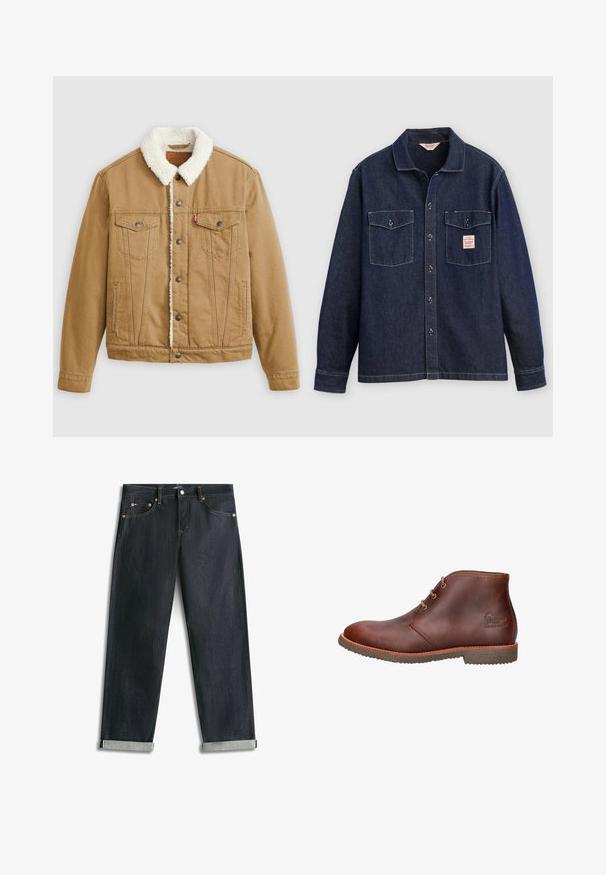 Tan denimjacket met een witte sherpa-kraag, twee borstzakken, zijzakken en metalen knopen. Heeft verticale stikseldetails.; Donker denim overhemd met een kraag, twee borstzakken en een knoopsluiting aan de voorkant. Heeft contrasterende stiksels en een label op de linkerzak.; Donkerblauwe spijkerbroek met omgeslagen boorden, vijf zakken en contrasterende stiksels, plat uitgespreid op een witte achtergrond.; Bruine leren enkellaars met drie oogjes voor veters, rubberen zool en een reliëflogo aan de zijkant.