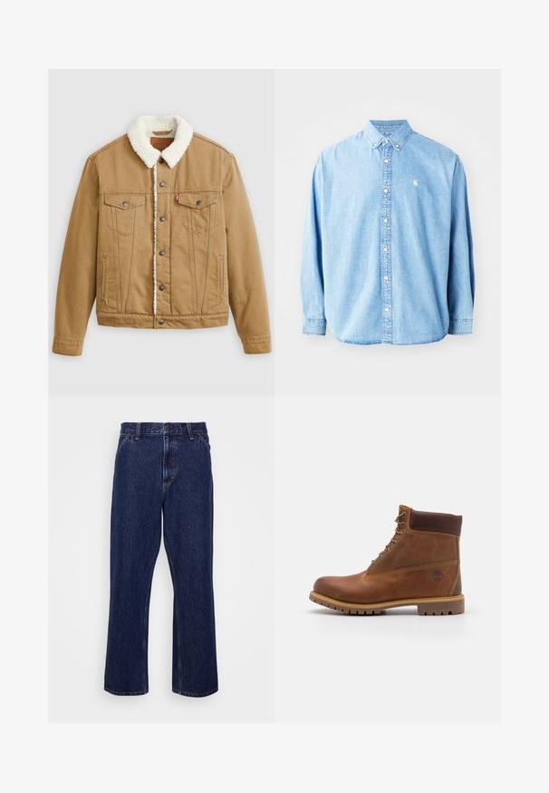 Tan denimjakke med en hvid sherpa-krave, to brystlommer, sidelommer og metalknapper. Har lodrette syningsdetaljer.; Lysel blå denim skjorte med knapper og lange ærmer, spids krave og et lille logo på venstre bryst. Har en afslappet pasform og klassisk design.; Mørkeblå denim jeans med lige ben-design, der har knaplukning, fem lomme-stil og diskrete syninger.; Brun læder vandrestøvle med en glat finish, polstret ankel, metalliske snørehuller og en gummisål med et robust dækmønster.