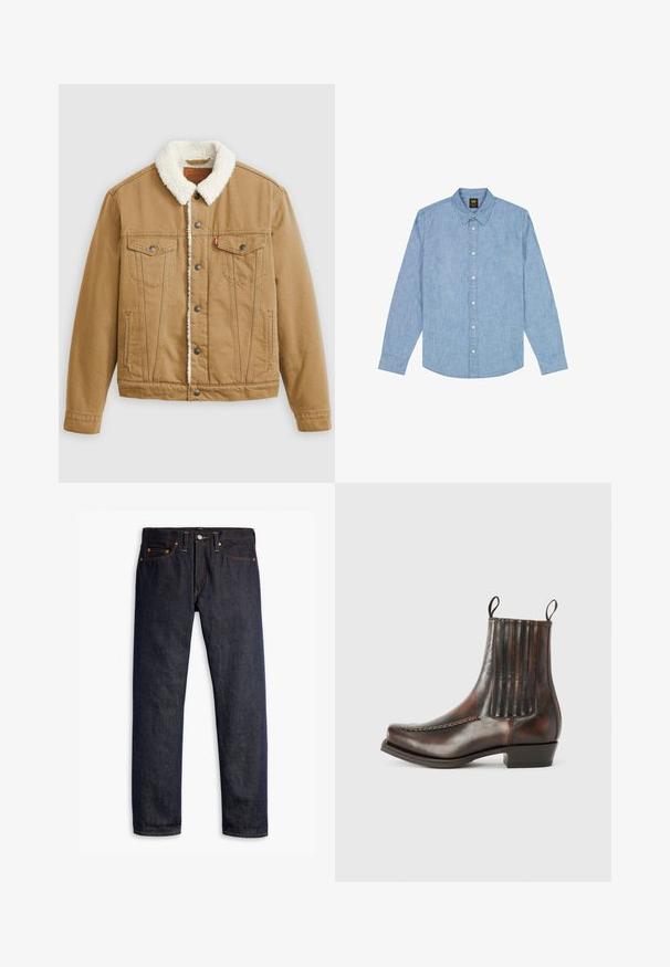Tan denimjacket met een witte sherpa-kraag, twee borstzakken, zijzakken en metalen knopen. Heeft verticale stikseldetails.; Lichtblauw overhemd met lange mouwen, knoopsluiting, kraag en logo op de borst, gemaakt van chambray-stof.; Donkerblauwe spijkerbroek met een rechte pasvorm, vijf zakken, koperen klinknagels, gele stiksels en een duidelijke textuur in de stof.; Bordeaux lederen enkelboot met een gladde afwerking, elastische zijpanelen, een ronde neus, decoratieve stiksels en een lage blokhak.