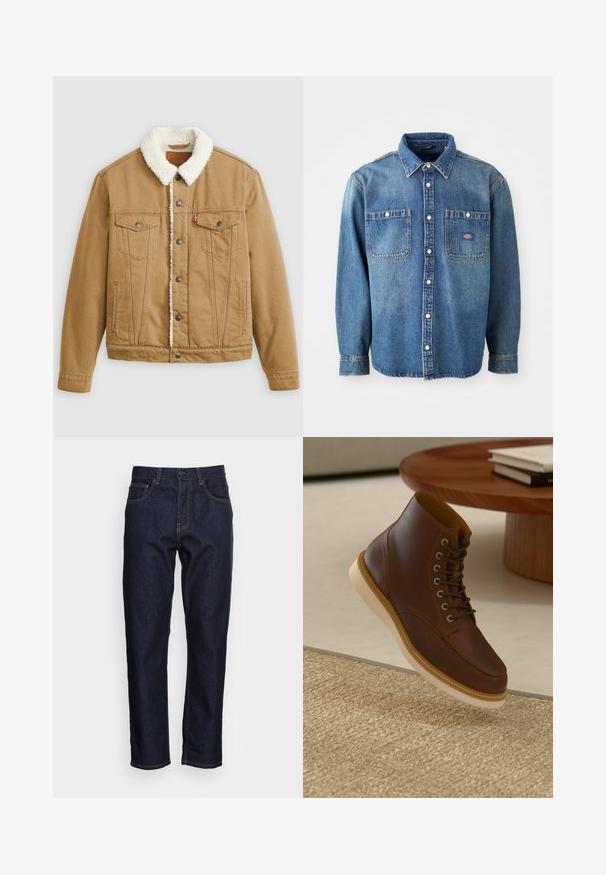 Tan denimjakke med en hvid sherpa-krave, to brystlommer, sidelommer og metalknapper. Har lodrette syningsdetaljer.; Denimskjorte i mellemblå, med spidse kraver, to brystlommer og sølvknapper. Lange ærmer med knapmanchetter.; Mørkeblå denimjeans med lige pasform, fem lommer og kontrasterende gul syning. Designet med en klassisk knap- og lynlåslukning.; Brune læderankelstøvle med beige sål på et struktureret beige tæppe ved siden af et rundt træbord med stakke af bøger.