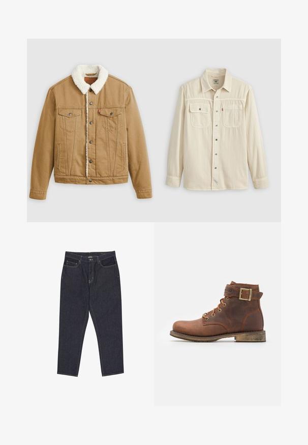Tan denimjacket met een witte sherpa-kraag, twee borstzakken, zijzakken en metalen knopen. Heeft verticale stikseldetails.; Overhemd in crèmekleurige stof, met twee borstzakken, een puntkraag en metalen knopen. Heeft een gladde textuur met stikdetails.; Donkerblauwe spijkerbroek met rechte pijpen, voorzakken, riemlussen en zichtbare stiksels op een witte achtergrond.; Harley Davidson VNTGMOTO SHORT RIDING APPROVED - Cowboy-/Bikerlaarsjes - brown