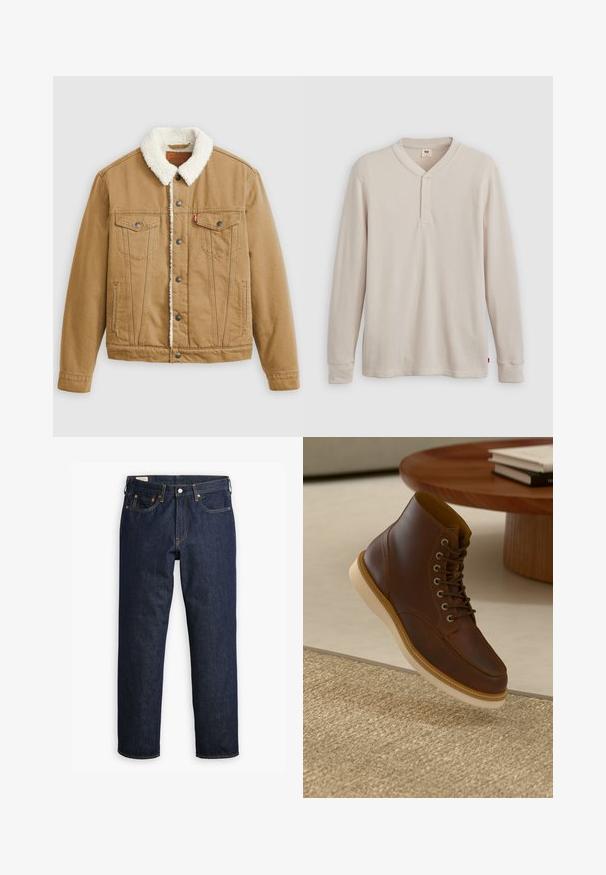 Tan denimjacket met een witte sherpa-kraag, twee borstzakken, zijzakken en metalen knopen. Heeft verticale stikseldetails.; Lange mouwen henley-shirt in lichtbeige ribbelstof, met een V-hals, een drieknoopsluiting en manchetten. Rode logo-label aan de onderkant.; Donkerblauwe denim jeans met een rechte snit, uitgerust met een vijfzakkenstijl, zichtbare stiksels en een klassieke knoopsluiting.; Bruine leren enkelboot met beige zool op een gestructureerd beige vloerkleed naast een ronde houten tafel met opgestapelde boeken.