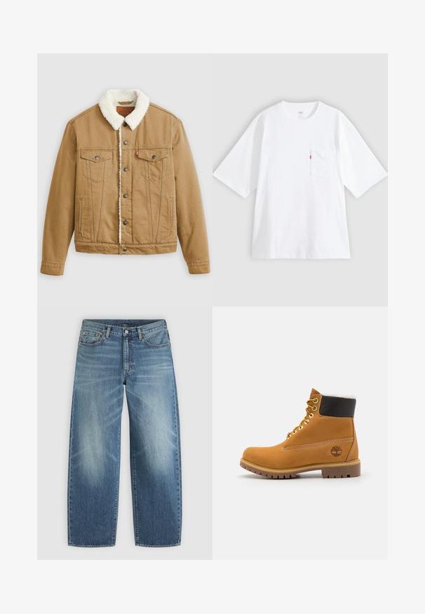 Tan denimjakke med en hvid sherpa-krave, to brystlommer, sidelommer og metalknapper. Har lodrette syningsdetaljer.; Hvid bomulds-T-shirt med korte ærmer, rund hals og lomme på venstre bryst. Har en lille rød logoetiket på lommen.; Blå denimjeans med lige ben, forreste knap og lynlås samt styling med fem lommer.; Brune læder ankelstøvle med metaløjer, hvid pelsforing, sort polstret krave, robust sål og præget logo på siden.