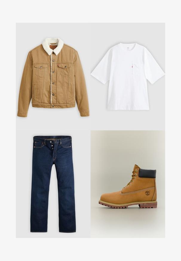 Tan denimjakke med en hvid sherpa-krave, to brystlommer, sidelommer og metalknapper. Har lodrette syningsdetaljer.; Hvid bomulds-T-shirt med korte ærmer, rund hals og lomme på venstre bryst. Har en lille rød logoetiket på lommen.; Mørkeblå denimjeans med lige ben, fem lommer og gyldne syninger. Har knaplukning og kobbernitter. Glat tekstur.; Brun læderankelstøvle med sort krave, gule snørebånd og tanfarvet sål. Har logo og hvide syninger som detalje. Robust ydersål med greb.