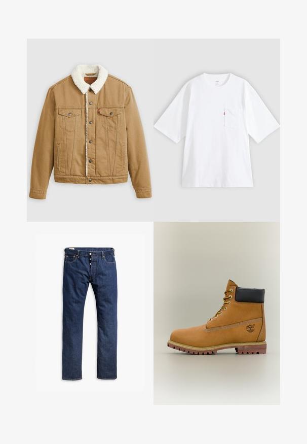 Tan denimjacket met een witte sherpa-kraag, twee borstzakken, zijzakken en metalen knopen. Heeft verticale stikseldetails.; Wit katoenen T-shirt met korte mouwen, ronde hals en een borstzak aan de linkerkant. Heeft een klein rood logotagje op de zak.; Donkerblauwe denim jeans met een recht pijpdesign, contrasterende stiksels, een knopenrits en vijf-pocketstijl.; Bruine leren enkellaars met zwarte kraag, gele veters en een zandkleurige zool. Voorzien van een logo en witte stikseldetails. Robuuste loopzool met grip.