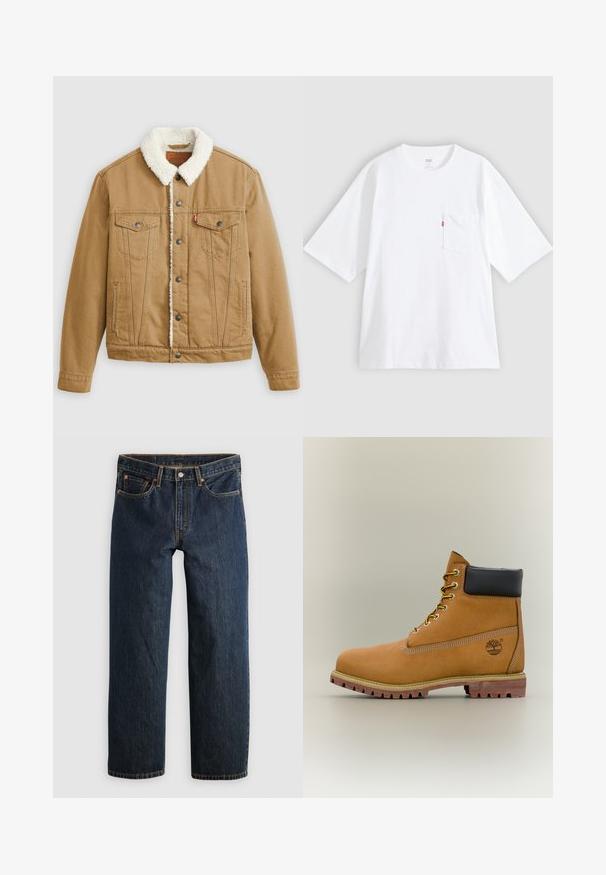 Tan denimjacket met een witte sherpa-kraag, twee borstzakken, zijzakken en metalen knopen. Heeft verticale stikseldetails.; Wit katoenen T-shirt met korte mouwen, ronde hals en een borstzak aan de linkerkant. Heeft een klein rood logotagje op de zak.; Donkerblauwe denim jeans met een rechte pijp. Voorzien van vijf zakken, contrasterende stiksels en een knoopsluiting in de taille.; Bruine leren enkellaars met zwarte kraag, gele veters en een zandkleurige zool. Voorzien van een logo en witte stikseldetails. Robuuste loopzool met grip.