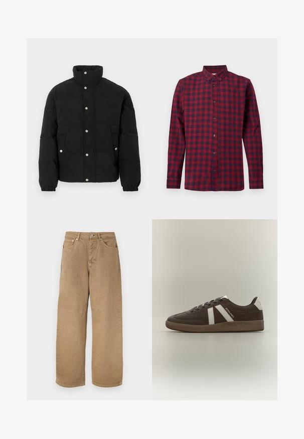 Veste matelassée en velours côtelé noir avec un col montant, une fermeture à boutons-pression, deux poches avant et des poignets élastiques pour un ajustement parfait.; Chemise à manches longues à carreaux rouge et bleu marine, avec col boutonné et poche poitrine.; Pantalon beige en coton à jambes droites, avec bouton sur le devant, fermeture éclair, passants pour ceinture, et design à cinq poches, présenté sur un fond blanc.; Basket en daim marron avec des bandes blanches, un renfort de talon blanc, une semelle gomme et le texte "JACK & JONES" sur le côté, présentée de profil sur un fond uni.
