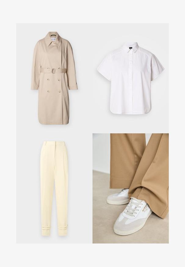 Trench-coat beige croisé avec col large, manches longues, ceinture avec boucle argentée à la taille et boutons sur le devant.; Chemise blanche à manches courtes, à boutons, avec un col pointu et un ourlet arrondi. Fabriquée en coton, elle possède une texture lisse et sans motifs visibles.; Pantalon tailleur crème taille haute avec plis, jambes fuselées et revers roulés aux chevilles, présenté sur un fond uni.; Baskets blanches avec des accents en daim, des lacets texturés et une semelle en caoutchouc. Associées à un pantalon beige ample. Logo affiché sur le côté.