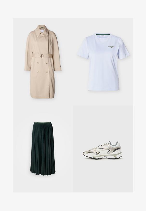 Trench-coat beige croisé avec col large, manches longues, ceinture avec boucle argentée à la taille et boutons sur le devant.; T-shirt blanc à manches courtes et col rond avec petit logo Lacoste vert brodé sur la poitrine gauche.; Jupe longue plissée de couleur vert foncé avec une large ceinture arborant le nom de la marque "LACOSTE" en lettres vertes contrastantes.; Baskets volumineuses en blanc, gris et argent métallique avec des panneaux texturés. Comprend une épaisse semelle en caoutchouc noir et un design d'overlay distinctif.