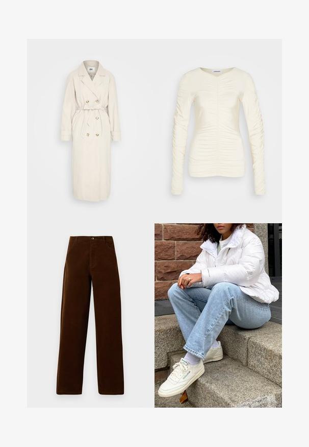 Beige trenchcoat fremstillet af et glat stof, med en dobbeltbrystet front, bælte i taljen og knapdetaljer. Lange ærmer med manchetter.; Langærmet creme top med samlet tekstur langs forsiden og ærmerne, V-halsdesign og en tætsiddende silhuet. Glat, strækbart stof.; Brune corduroy straight-leg bukser med forlommer, bæltestropper og knaplukning på en hvid baggrund.; Hvid pufferjakke med højt krave, lyseblå denimjeans og hvide Reebok sneakers. Strukturerede stenskridt i baggrunden.