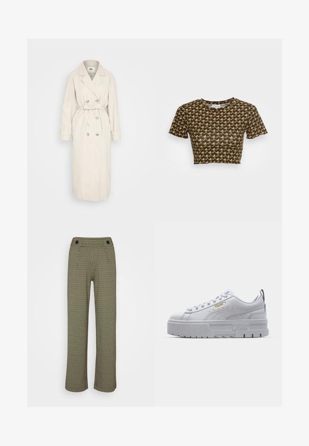 Beige trenchcoat fremstillet af et glat stof, med en dobbeltbrystet front, bælte i taljen og knapdetaljer. Lange ærmer med manchetter.; Brun cropped t-shirt med korte ærmer, der har et gentaget mønster i creme og lys grøn. Blød tekstur med rund halsudskæring.; JDY JDYGEGGO MIA LONG CHECK PANT - Bukser - tapioca/kalamata; Hvide platform sneakers med en glat læderoverdel, polstret krave, grå gummisål og gyldne detaljer med Puma-logoet.