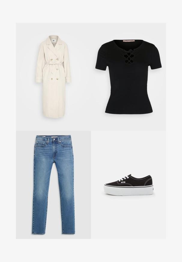 Beige trenchcoat fremstillet af et glat stof, med en dobbeltbrystet front, bælte i taljen og knapdetaljer. Lange ærmer med manchetter.; Anna Field T-shirts print - black; Lyseblå denim jeans med lige ben, fem lomme-design, subtile slidte detaljer og kontraststing.; Sort lærred sneakers med en hvid gummi platform sål, der har hvide snørebånd og syninger, ikonisk branding på siden, lav-top design.