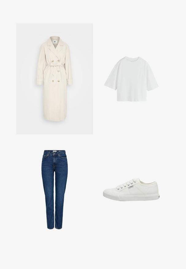 Beige trenchcoat fremstillet af et glat stof, med en dobbeltbrystet front, bælte i taljen og knapdetaljer. Lange ærmer med manchetter.; Simpel hvid oversized T-shirt med korte ærmer, rund hals og løs pasform.; Mørkeblå denimjeans med lige ben, høj talje, fem lommer, lyse syninger og en diskret struktureret finish.; Hvid kanvas sneakers med rund tå, seks snørrehuller, teksturerede sidepaneler og gummisål. Lille mærkelogo på siden.