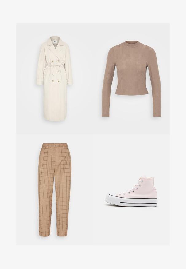 Beige trenchcoat fremstillet af et glat stof, med en dobbeltbrystet front, bælte i taljen og knapdetaljer. Lange ærmer med manchetter.; Langærmet ribbet top i lys brun, med en mock neck og en tætsiddende silhuet, samt en cropped kant og blød stofstruktur.; Monki Bukser - beige; Højhælede sneakers i lys pink canvas med hvide snørebånd og sorte striber på den hvide gummisål. Rund tå.